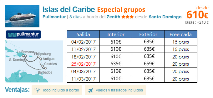 Ofertas especiales para grupos de estudiantes: Crucero Caribe Todo Incluido por 610 Eur y ofertas capitales Europeas desde 398 EUR..